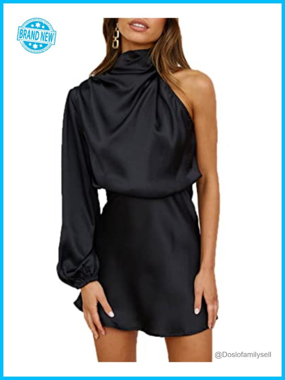 Satin One Shoulder Long Sleeve High Neck Cocktail Mini Dress